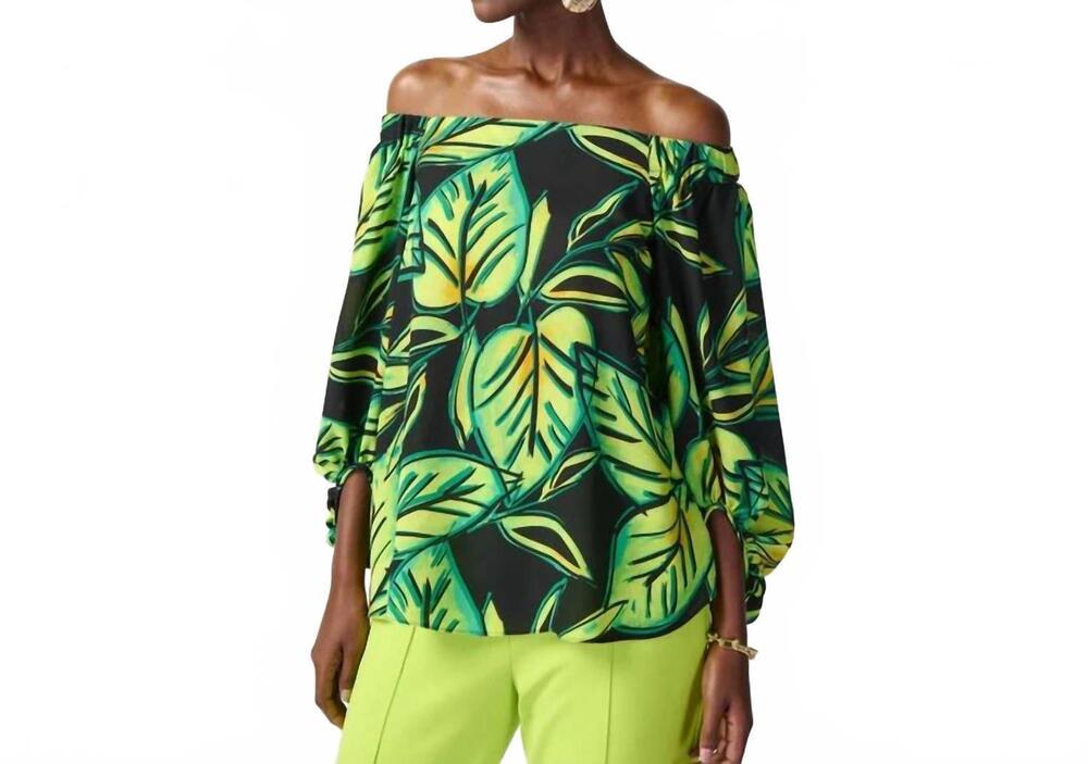 NEW JOSEPH RIBKOFF leaf printed georgette off-the-shoulder top in black multi